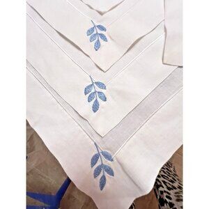 Set 7 White Linen Placemats Blue Embroidery Leaf Tabletop Elegant Dining NICE